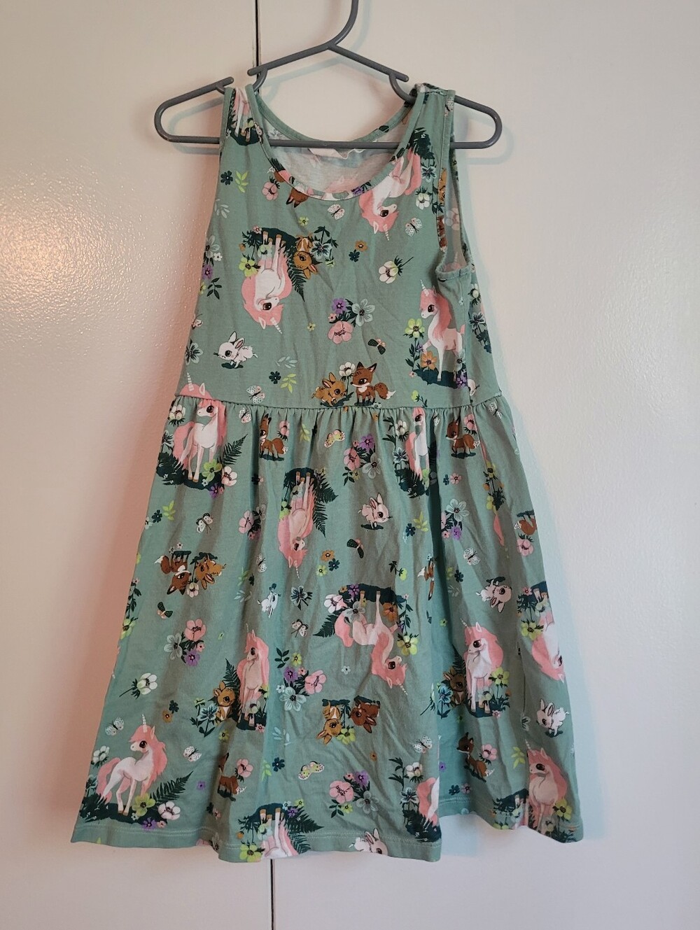 6-8 Girls' Green Unicorn Print Summer Dress